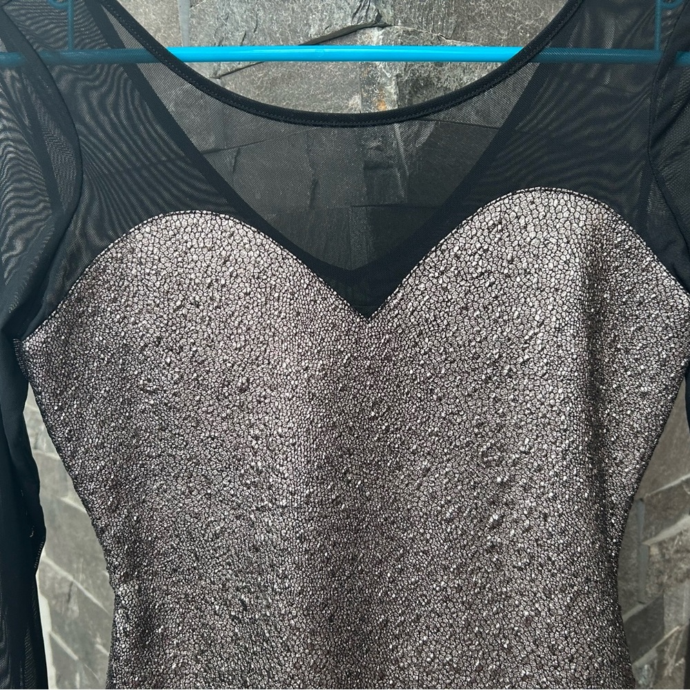 Guess Black Mesh Top with Silver Textured Bodice